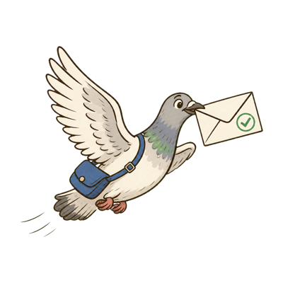 Illustration of a carrier pigeon flying off with a sealed, checkmarked envelope