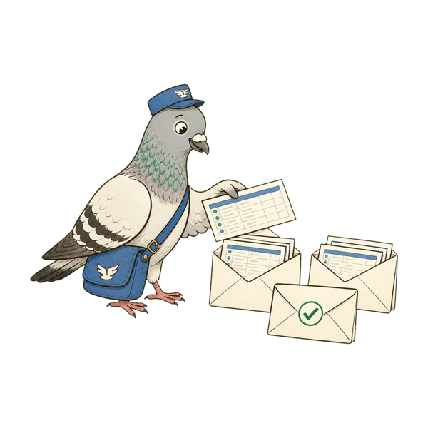 Illustration of a postal carrier pigeon sorting spreadsheet rows into envelopes